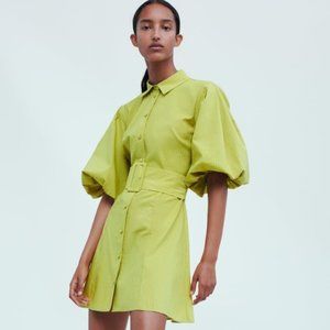 ZARA Puff Sleeve Green Belted Mini Dress